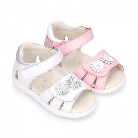 FLOWER design Washable leather Girls Sandal shoes with double hook and loop closure.