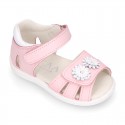 FLOWER design Washable leather Girls Sandal shoes with double hook and loop closure.