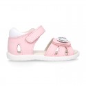 FLOWER design Washable leather Girls Sandal shoes with double hook and loop closure.