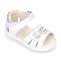 FLOWER design Washable leather Girls Sandal shoes with double hook and loop closure.