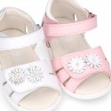 FLOWER design Washable leather Girls Sandal shoes with double hook and loop closure.