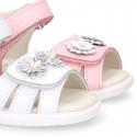 FLOWER design Washable leather Girls Sandal shoes with double hook and loop closure.