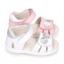 FLOWER design Washable leather Girls Sandal shoes with double hook and loop closure.