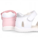 FLOWER design Washable leather Girls Sandal shoes with double hook and loop closure.