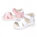 FLOWER design Washable leather Girls Sandal shoes with double hook and loop closure.