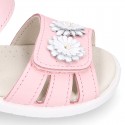 FLOWER design Washable leather Girls Sandal shoes with double hook and loop closure.