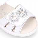 FLOWER design Washable leather Girls Sandal shoes with double hook and loop closure.