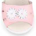 FLOWER design Washable leather Girls Sandal shoes with double hook and loop closure.