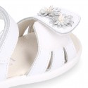 FLOWER design Washable leather Girls Sandal shoes with double hook and loop closure.