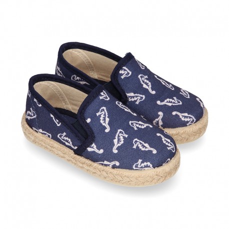 SEAHORSES design Cotton canvas Slip on Espadrille shoes with elastic bands for kids.