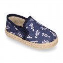 SEAHORSES design Cotton canvas Slip on Espadrille shoes with elastic bands for kids.