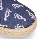 SEAHORSES design Cotton canvas Slip on Espadrille shoes with elastic bands for kids.