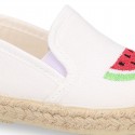 WATERMELON design Cotton canvas Slip on Espadrille shoes with elastic bands for kids.