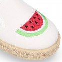 WATERMELON design Cotton canvas Slip on Espadrille shoes with elastic bands for kids.