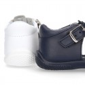 Washable leather kids sandals with open toe cap and buckle fastening with SUPER FLEXIBLE soles.