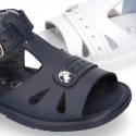 Washable leather kids sandals with open toe cap and buckle fastening with SUPER FLEXIBLE soles.