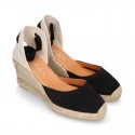 BLACK Suede leather Women wedge sandals espadrille shoes .