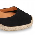 BLACK Suede leather Women wedge sandals espadrille shoes .