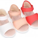 COTTON CANVAS Little Girl Sandal shoes with hook and loop strap closure.