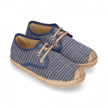 STRIPES design Cotton Canvas Kids Espadrille shoes Laces up style.