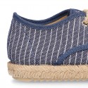 STRIPES design Cotton Canvas Kids Espadrille shoes Laces up style.