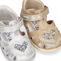 METAL leather sandals with hook and loop strap with GLITTER HEART design.