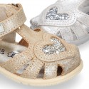 METAL leather sandals with hook and loop strap with GLITTER HEART design.