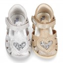 METAL leather sandals with hook and loop strap with GLITTER HEART design.