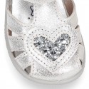 METAL leather sandals with hook and loop strap with GLITTER HEART design.
