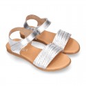 ENGRAVED METAL leather Girl sandal shoes with hook and loop strap closure.