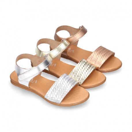 ENGRAVED METAL leather Girl sandal shoes with hook and loop strap closure.