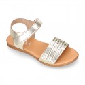 ENGRAVED METAL leather Girl sandal shoes with hook and loop strap closure.