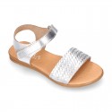 ENGRAVED METAL leather Girl sandal shoes with hook and loop strap closure.