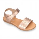 ENGRAVED METAL leather Girl sandal shoes with hook and loop strap closure.