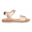 ENGRAVED METAL leather Girl sandal shoes with hook and loop strap closure.