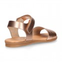 ENGRAVED METAL leather Girl sandal shoes with hook and loop strap closure.