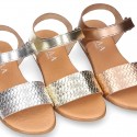 ENGRAVED METAL leather Girl sandal shoes with hook and loop strap closure.