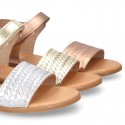 ENGRAVED METAL leather Girl sandal shoes with hook and loop strap closure.