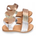 ENGRAVED METAL leather Girl sandal shoes with hook and loop strap closure.