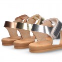 ENGRAVED METAL leather Girl sandal shoes with hook and loop strap closure.