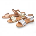 ENGRAVED METAL leather Girl sandal shoes with hook and loop strap closure.