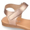 ENGRAVED METAL leather Girl sandal shoes with hook and loop strap closure.