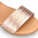 ENGRAVED METAL leather Girl sandal shoes with hook and loop strap closure.