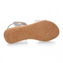 ENGRAVED METAL leather Girl sandal shoes with hook and loop strap closure.