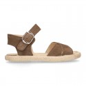 Crossed straps design suede leather little girl espadrille shoes SANDAL style.