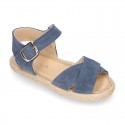 Crossed straps design suede leather little girl espadrille shoes SANDAL style.