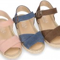 Crossed straps design suede leather little girl espadrille shoes SANDAL style.