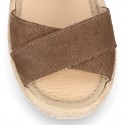 Crossed straps design suede leather little girl espadrille shoes SANDAL style.