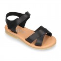 Nappa leather Crossed straps Girl sandal shoes with hook and loop closure.