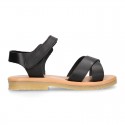 Nappa leather Crossed straps Girl sandal shoes with hook and loop closure.